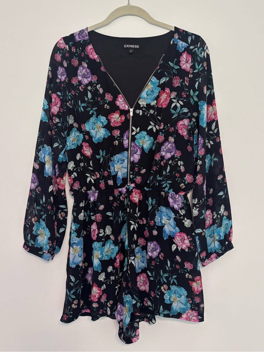 Express Floral Romper Long Sleeve Zip Front Lightweight Party Boho